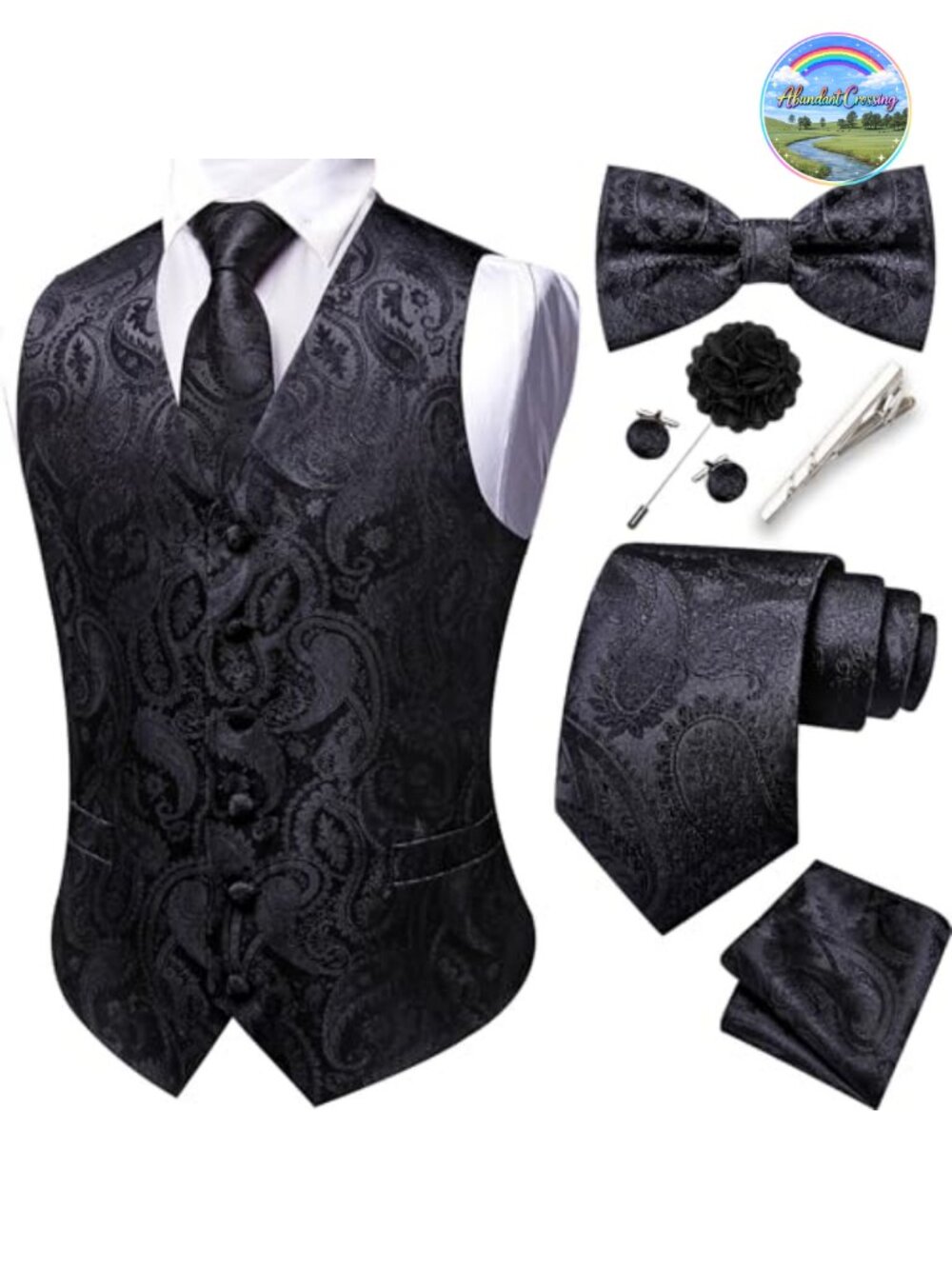 Mens Silk Suit Vest Tie Bowtie Set 8PCS Handkerchief Cufflinks Lapel Pin Slim
